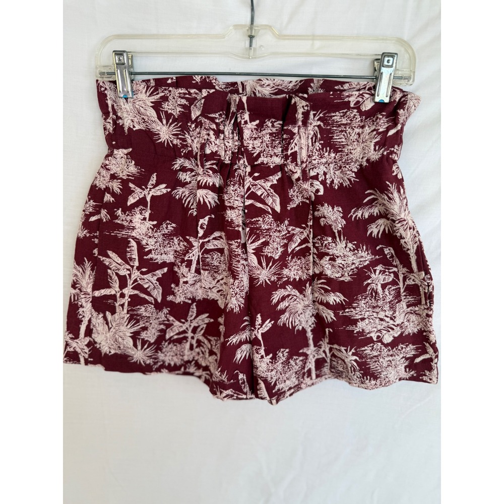 Miss June Paris Burgundy Tropical Palm Toile Paperbag Waist Cotton Shorts Size 1